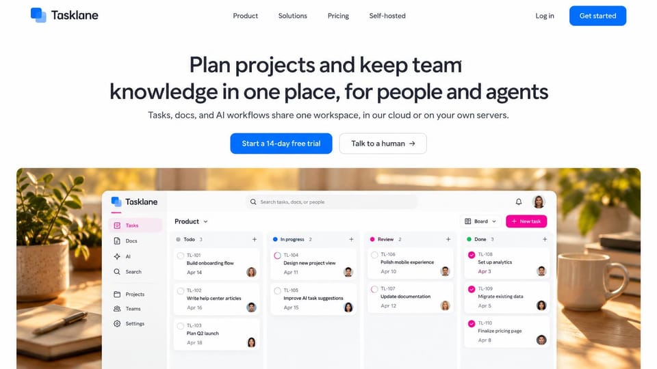 SaaS website design, project tool on a real desk: white page, centered black headline, a blue button and a task board over a photo of a desk