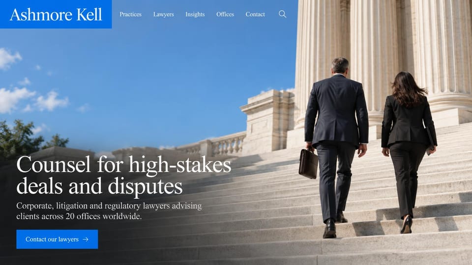 Law firm website design, litigation on the courthouse steps: two lawyers climbing courthouse steps, a white serif headline and a blue button