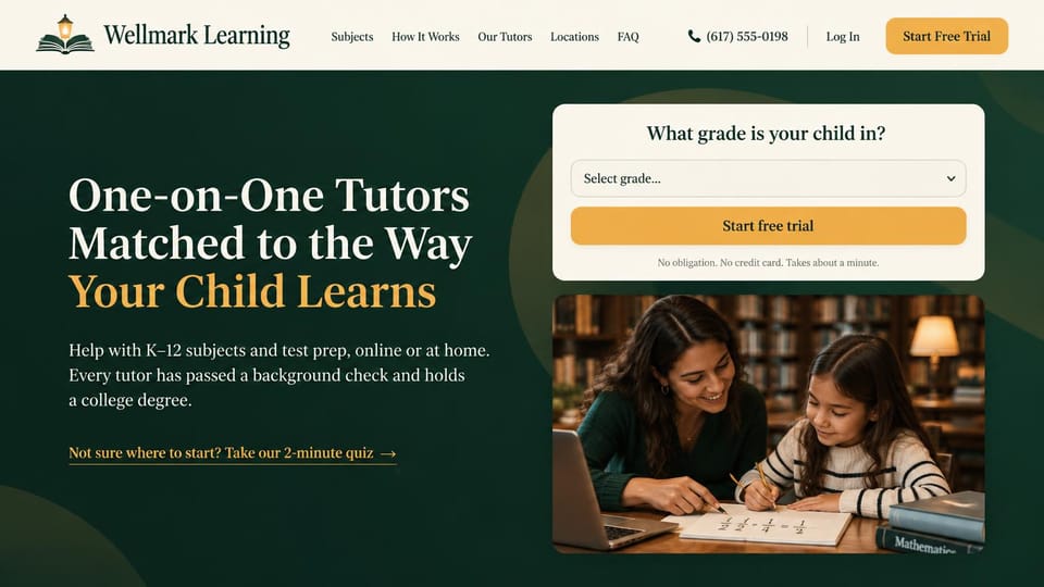 Tutoring website design, k-12 tutoring with a grade picker: dark green page, white and gold serif headline, a cream card with a grade dropdown and gold button, a tutor helping a girl with fractions