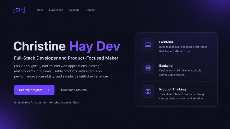 Developer portfolio website design, web development student open to summer internships: near-black page with purple glows, a large white and violet name, a violet see my projects button, a download résumé link and a bordered panel of three skills with icons
