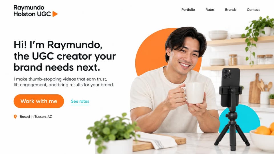 UGC portfolio website design, upbeat creator intro with color circles: white page, bold black headline, orange button, a smiling man with a mug in front of orange and turquoise circles, a phone on a tripod