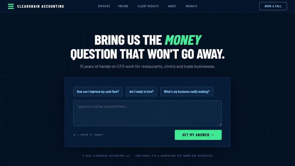 Accounting website design, fractional CFO with a money question form: dark navy page with grid lines, a huge white condensed headline with an italic green word, three sample question buttons, a large text box and a green answer button