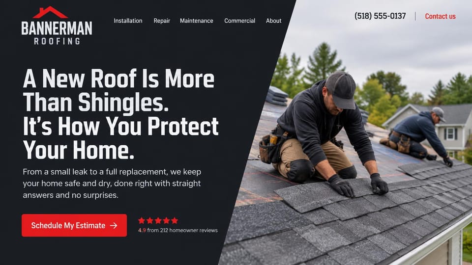 Roofing website design, residential roofer on a diagonal split with reviews: charcoal panel with a large condensed white headline, a red estimate button and five red stars beside a slanted photo of two roofers laying shingles