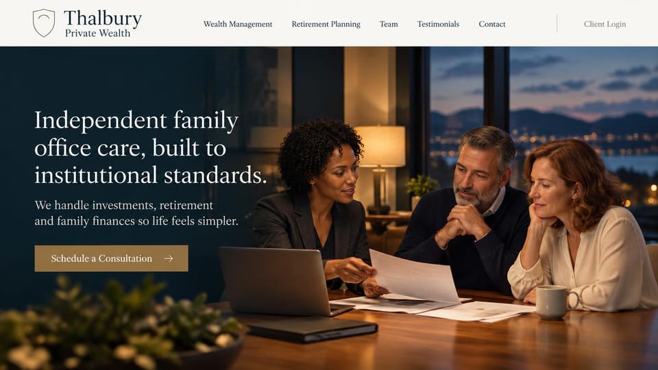 Financial advisor website design, family office at dusk with city lights: cream header, lamp-lit room at dusk with city lights, a Black woman advisor with a couple, white serif headline and gold-brown button