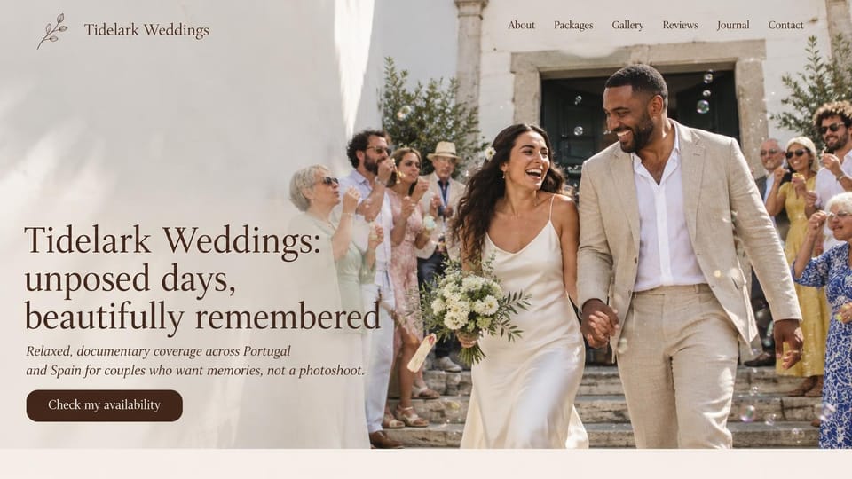 Wedding photographer website design, documentary destination photographer with a bubble send-off: sunlit white church wall, a laughing couple walking out as guests blow bubbles, a leaf logo, a large brown serif headline, italic text and a dark brown pill button
