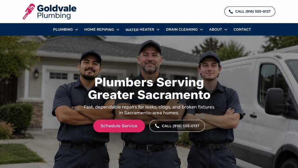 Plumbing website design, residential plumbing crew in front of the van: white header with a pink pipe wrench logo and outlined call button, a navy menu bar with service dropdowns, a darkened photo of three plumbers with crossed arms beside a white van, a centered white headline, a pink button