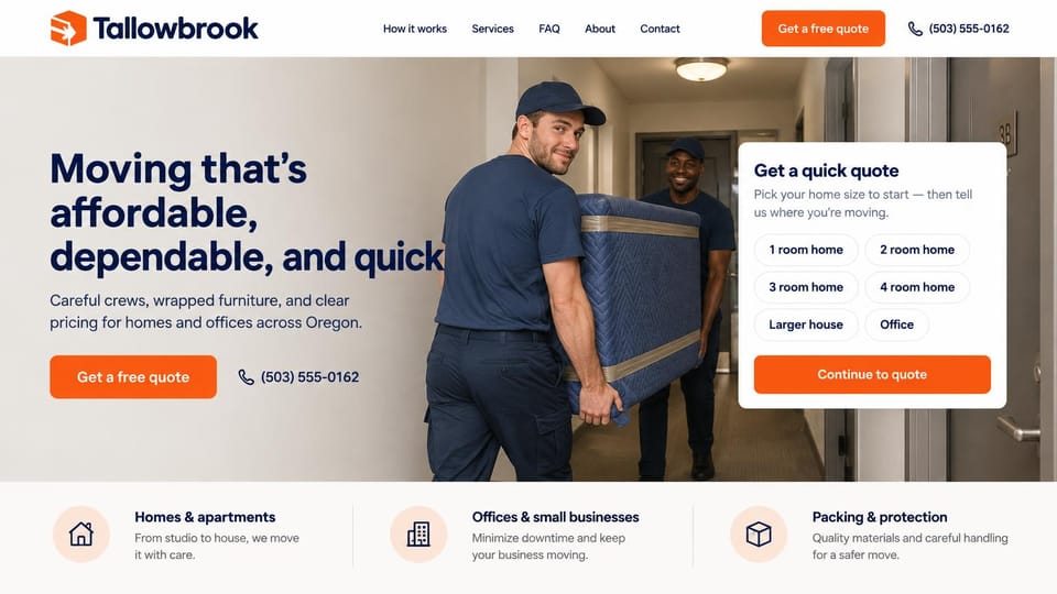 Moving company website design, home and office movers with a service row below: light hallway photo of two smiling movers carrying padded furniture, a navy headline, orange buttons, a white quote card of home size buttons and three service icons below