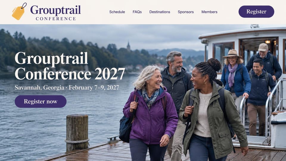 Event website design, group travel conference arriving by boat: cream header with a purple serif logo, travelers stepping off a boat onto a dock, white serif headline, purple register button