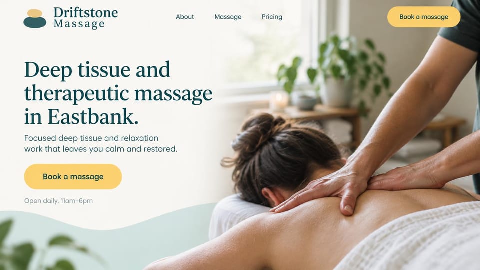 Massage therapist website design, deep tissue and relaxation, bright and open daily: cream page, a large teal serif headline, a yellow pill button and a photo of hands on a woman's back