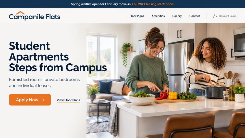 Apartment website design, student apartments with roommates cooking at home: navy top banner, white header, two young women cooking in a bright kitchen, navy headline at the left, orange apply button and a floor plans link