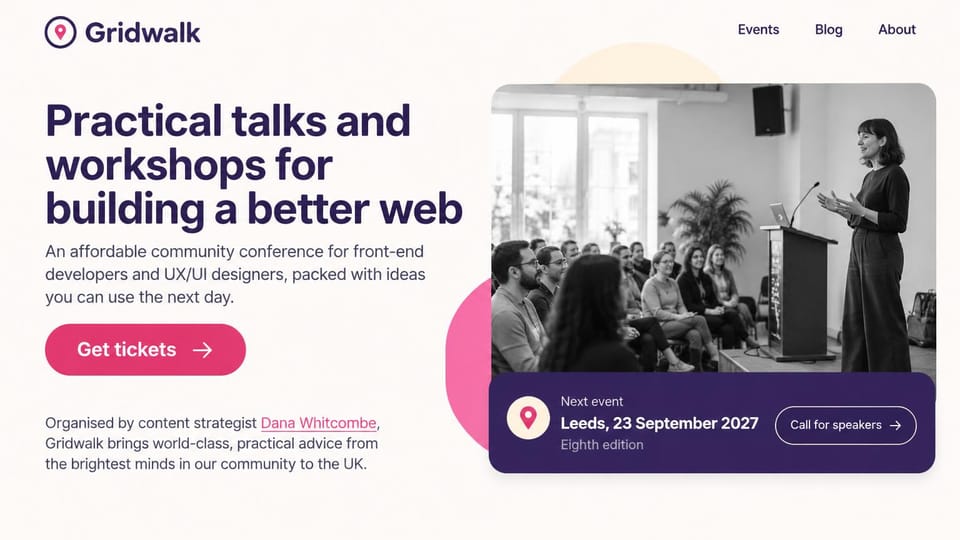 Event website design, community web conference with a call for speakers: off-white page, dark purple headline, pink ticket button, black-and-white photo of a speaker and audience, purple next-event card