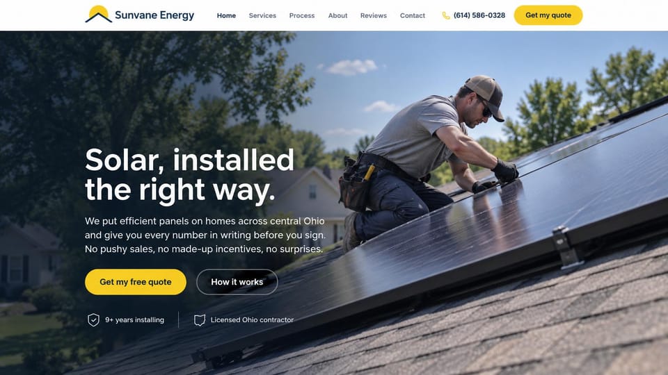 Solar website design, residential solar with an installer at work: white header with yellow buttons, an installer kneeling on rooftop panels, a white headline over the darker left side of the photo