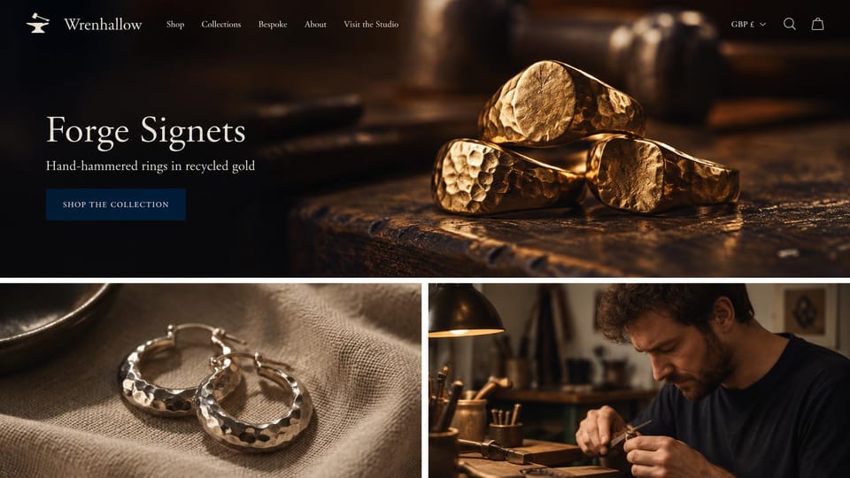 Jewelry website design, hammered gold signets from a small workshop: near-black page, hammered gold signet rings on wood, a cream serif headline and navy button, photos of hammered hoops and a jeweler at his bench