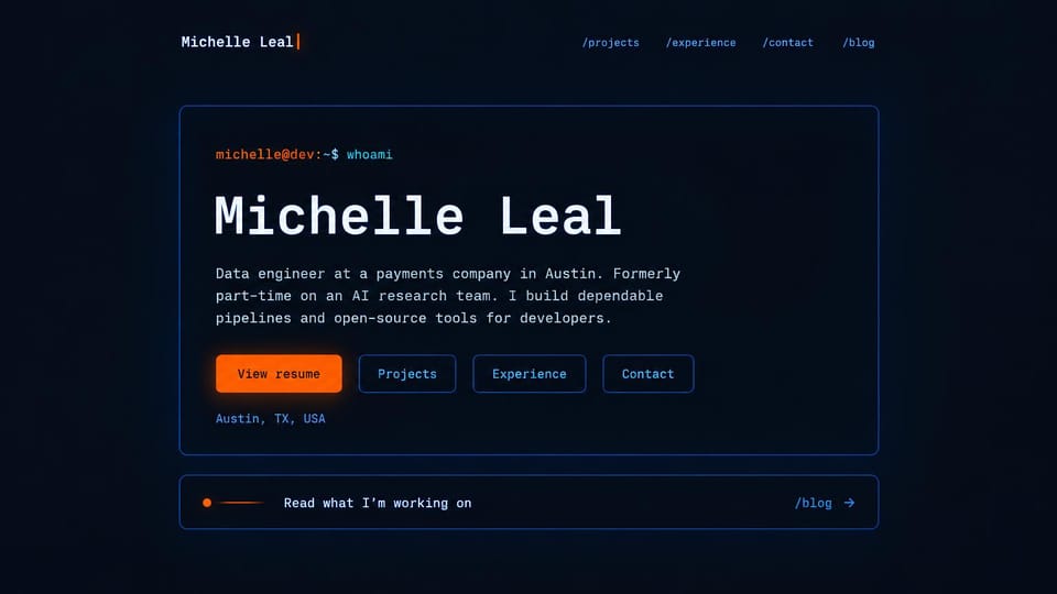Personal website design, engineer resume styled like a terminal: dark navy page, monospace text in a blue outlined panel with an orange view resume button
