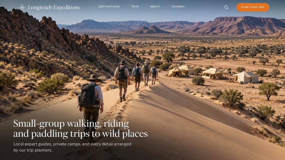 Travel agency website design, small-group expeditions with the landscape first: bright photo of hikers on a dune ridge above a tented camp, transparent header with an orange plan your trip button, large white serif headline at the bottom left