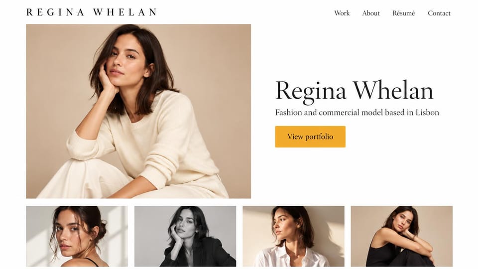 Model portfolio website design, fashion and commercial model with a large portrait and four looks: white page, spaced black capitals, a large warm portrait of a dark-haired woman in cream, a serif name and a mustard button, four smaller photos below