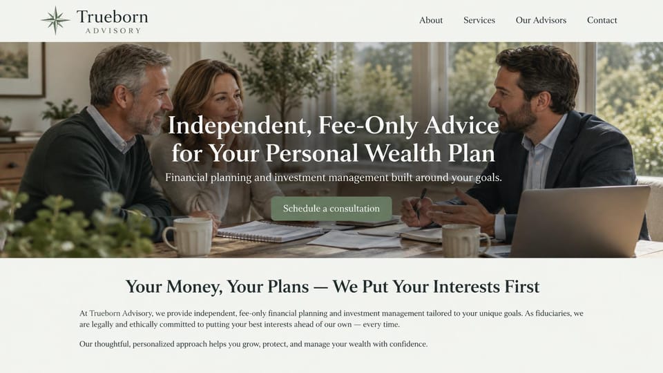 Financial advisor website design, fee-only advice over a dark meeting photo: wide client meeting photo under a dark overlay, centered white serif headline, sage button and a white intro section below
