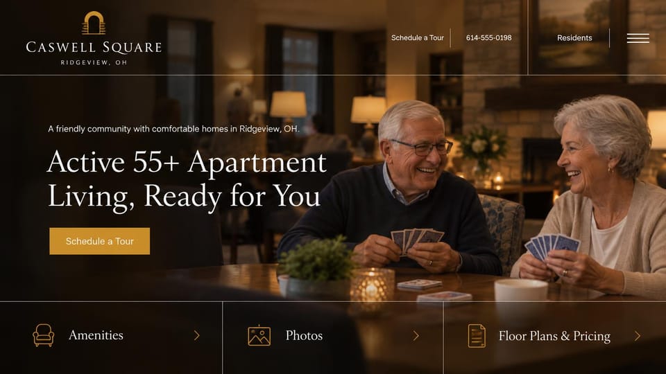 Apartment website design, 55+ community with residents at play: dark warm room, an older couple laughing over a card game, cream serif headline, gold tour button and three outlined link tiles below