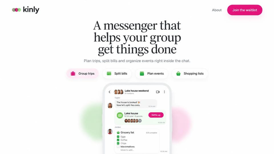 Mobile app website design, group chat app with feature chips: white page, large black serif headline, colored feature chips and a phone with a group chat