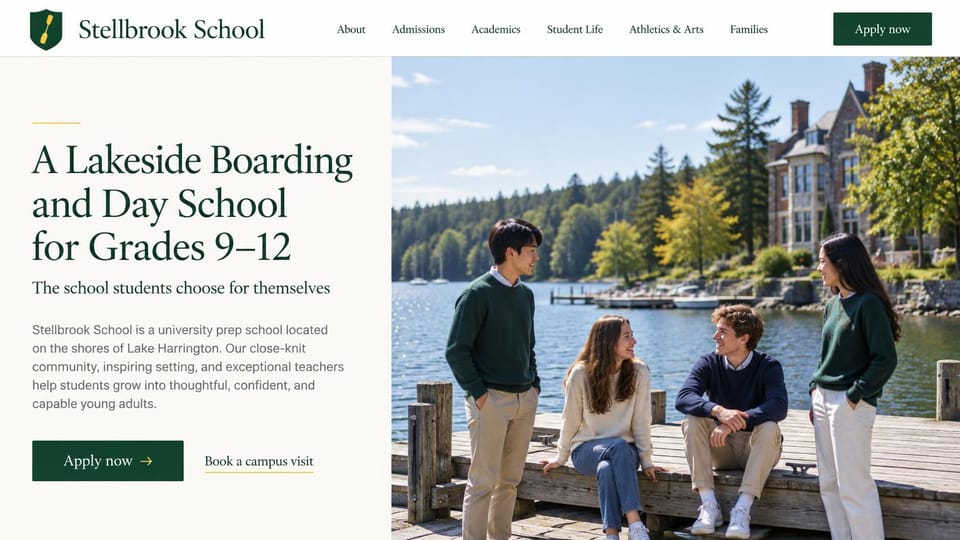 School website design, lakeside boarding school with students on the dock: white page, a dark green serif headline, students in sweaters on a lakeside dock with a stone building behind, a dark green apply button