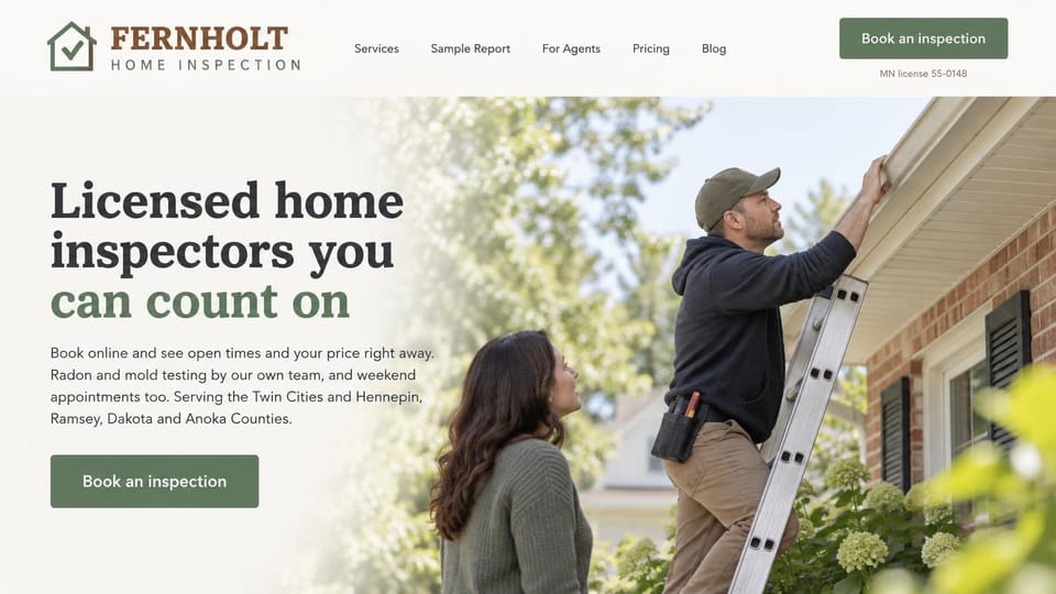 Home inspector website design, online booking with in-house radon and mold testing: soft off-white page, dark serif headline ending in sage green, sage green book buttons with a license line, an inspector on a ladder checking a gutter as a buyer watches beside a brick house