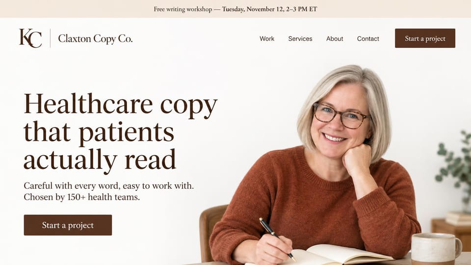 Writer website design, healthcare copywriter with a workshop banner: white page, a large dark brown serif headline and brown buttons beside a smiling gray-haired woman in glasses writing at a desk, a beige banner on top