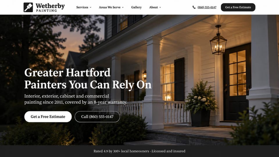 Painting website design, residential and commercial painting at dusk: dusk photo of a white porch with a lit lantern, a white serif headline, a white estimate button, an outlined call button and a dark rating strip