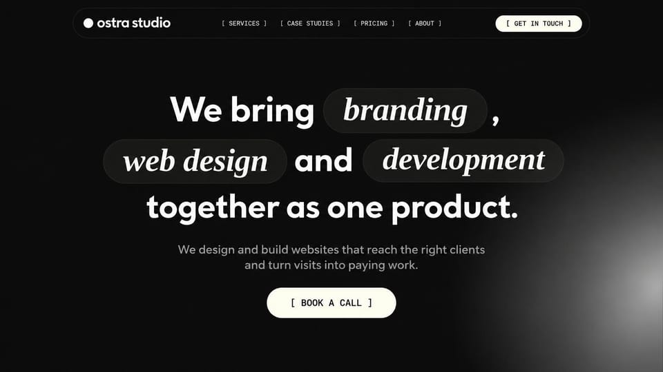 Agency website design, branding, web and code in pill buttons: black page with a soft spotlight, a centered white headline with italic serif pills and a white button