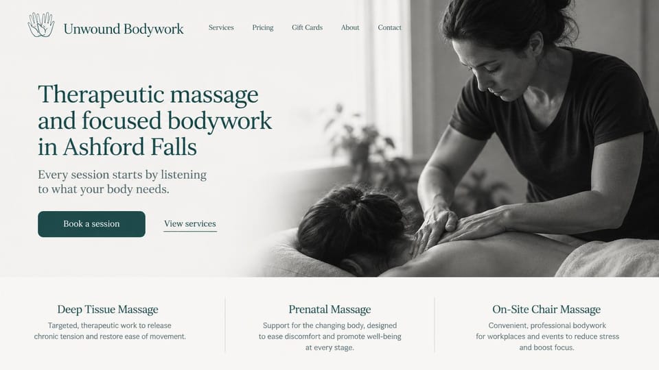 Massage therapist website design, therapeutic bodywork with on-site chair massage: light gray page, a dark teal serif headline, a teal button, a black and white photo of a back massage and three service columns