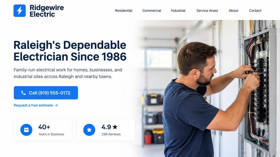 Electrician website design, hometown electrician with years and reviews in cards: white page with a navy headline and a blue call button, two stat cards, an electrician in a navy T-shirt working at a panel in a garage