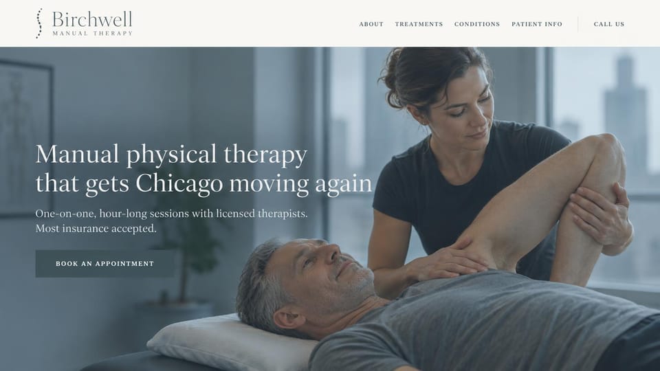 Chiropractor website design, manual therapy, quiet and unhurried: cool blue-gray photo of a therapist stretching a patient's leg by a city window, white serif headline