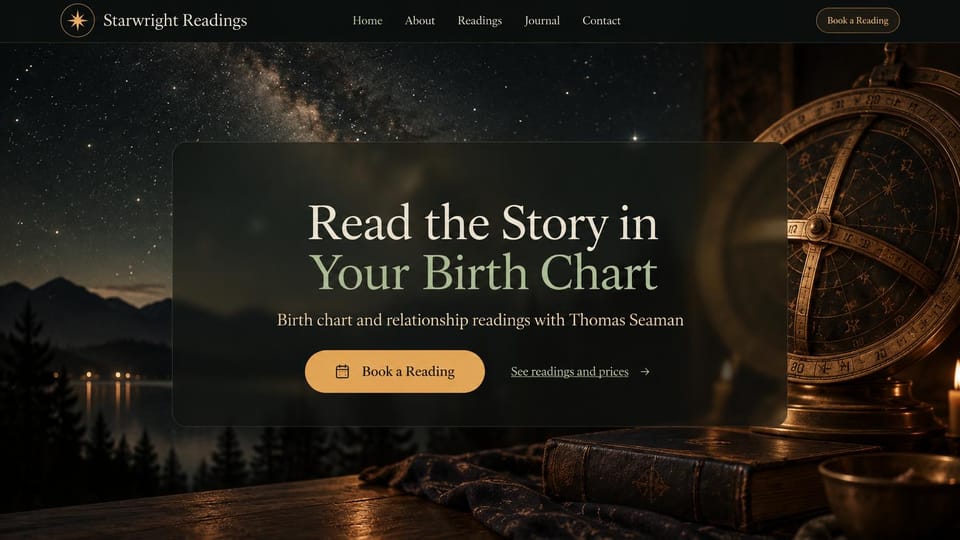 Astrology website design, birth chart readings on a glass panel at night: starry night over a mountain lake, a brass armillary sphere, a translucent dark panel with a cream and sage serif headline and an amber button