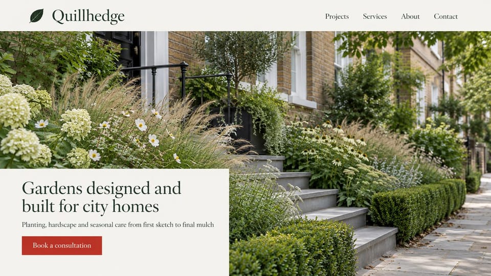 Landscaping website design, city gardens with a cream text panel: a lush townhouse front garden and stone steps, a cream panel with a dark green serif headline and a red button