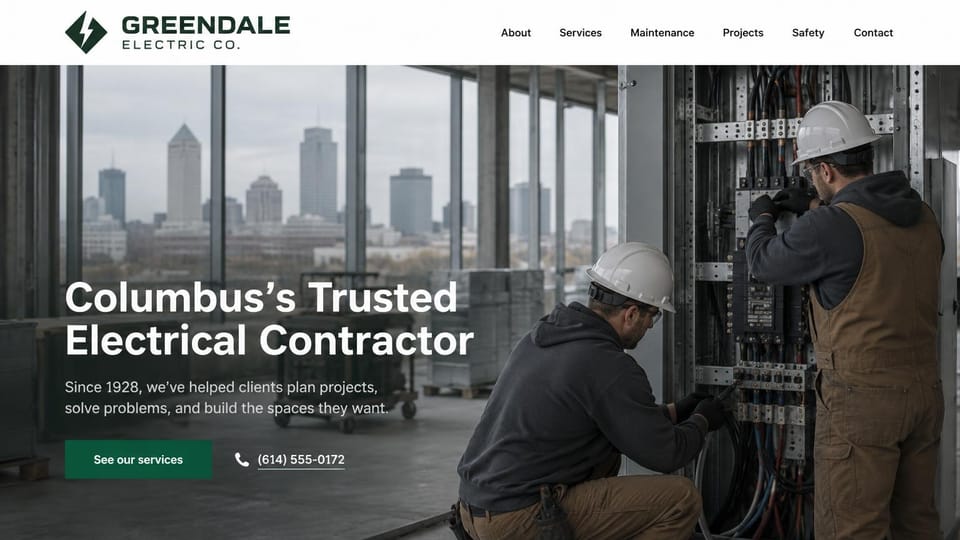 Electrician website design, commercial contractor with a skyline view: white header, two electricians in hard hats at switchgear in an unfinished building with a city skyline through the windows, a white headline and a green button