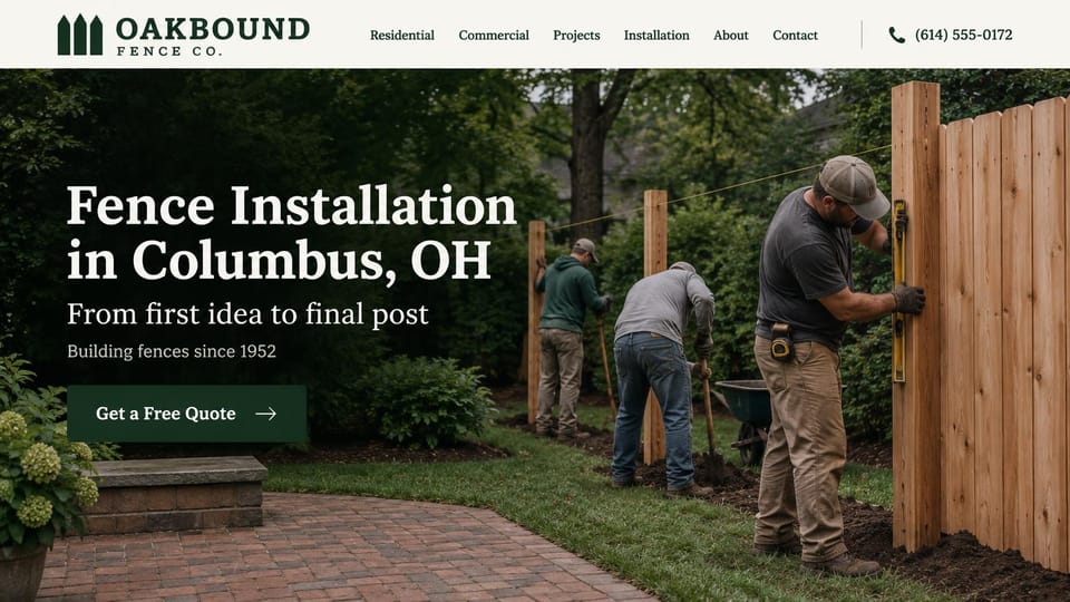 Construction website design, fence contractor with the crew on the job: cream menu, three workers building a cedar fence in a green backyard, a large white serif headline and a dark green quote button