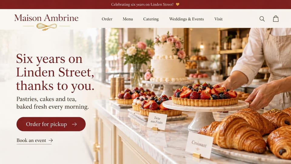 Bakery website design, pastry and cake shop with a thank-you headline: burgundy top bar, a burgundy serif headline beside a marble counter of fruit tarts, croissants and a tiered floral cake, a burgundy button