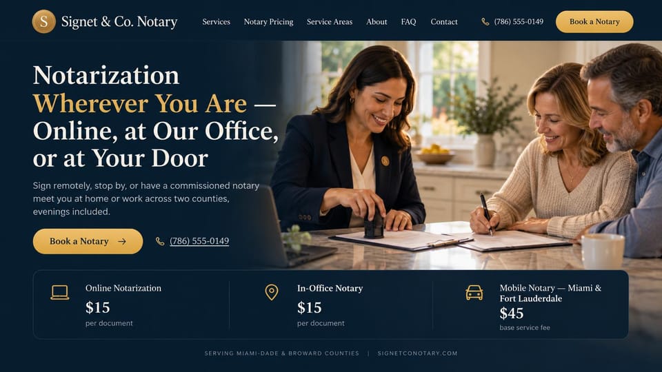 Notary website design, online, office or at your door, priced up front: navy and gold, a serif headline beside a notary stamping papers with a couple, a row of price cards