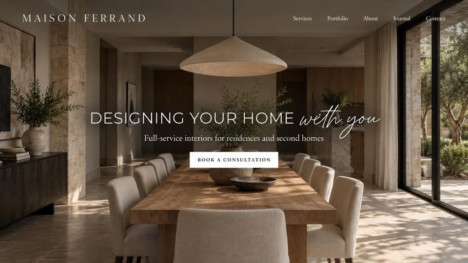 Interior design website design, full-service interiors with a handwritten touch: a sunlit stone and oak dining room, a white uppercase headline ending in script and a white button