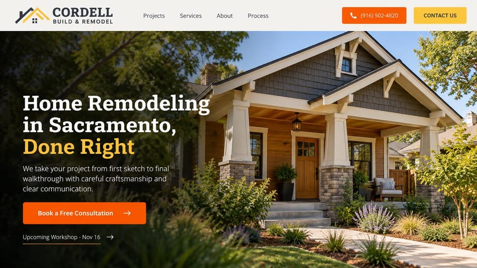 Contractor website design, remodeling with a bold slab serif: a craftsman house in afternoon light, a white slab serif headline with an orange line and an orange button