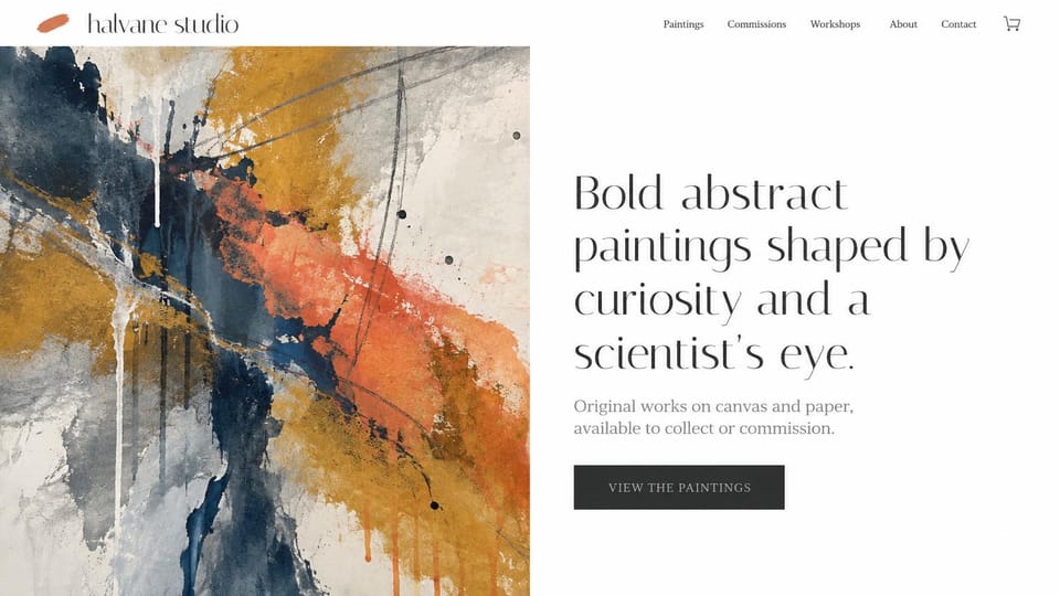 Artist website design, abstract painting with room to breathe: white page, a textured abstract painting in navy, ochre and coral beside a thin serif headline and a dark button