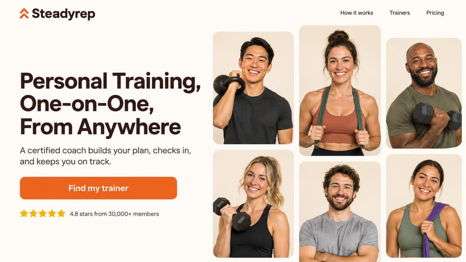 Personal trainer website design, trainer matching with a grid of coaches: cream page, a bold dark headline and an orange find my trainer button beside a grid of six smiling trainers
