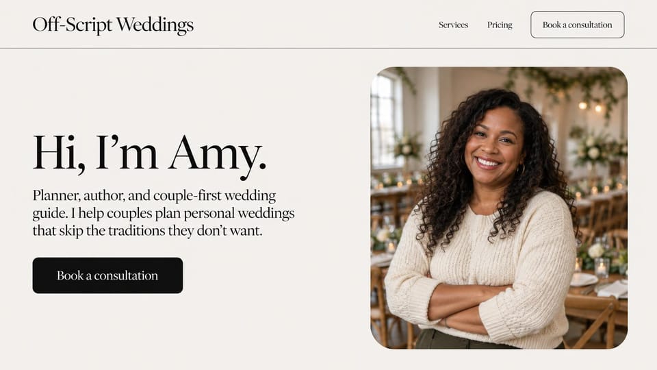 Wedding planner website design, solo planner who leads with her portrait: light page, large serif greeting, portrait of a smiling woman with curly hair in a cream sweater, black consultation button