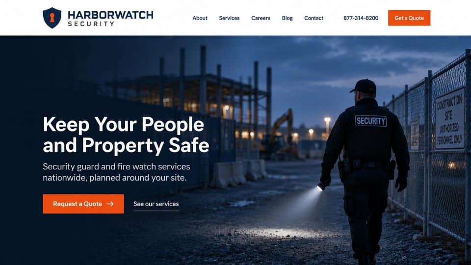 Security company website design, construction site guards and fire watch: white menu with an orange button, a dark photo of an officer with a flashlight patrolling a fenced construction site at dusk, a white headline and an orange button