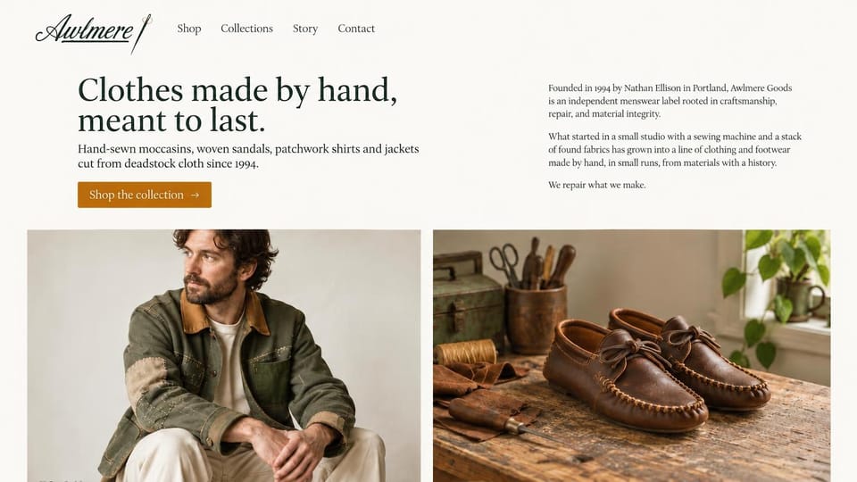 Fashion website design, handmade menswear with the founder's story beside it: cream page with a script logo, a dark green serif headline and an ochre button beside a text column, photos of a bearded man in a patched chore jacket and leather moccasins on a workbench