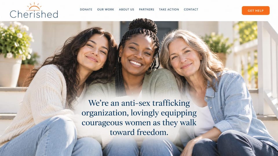 Nonprofit website design, survivor support, warm and gentle: three smiling women on a sunlit porch, a centered navy serif sentence and an orange get-help button