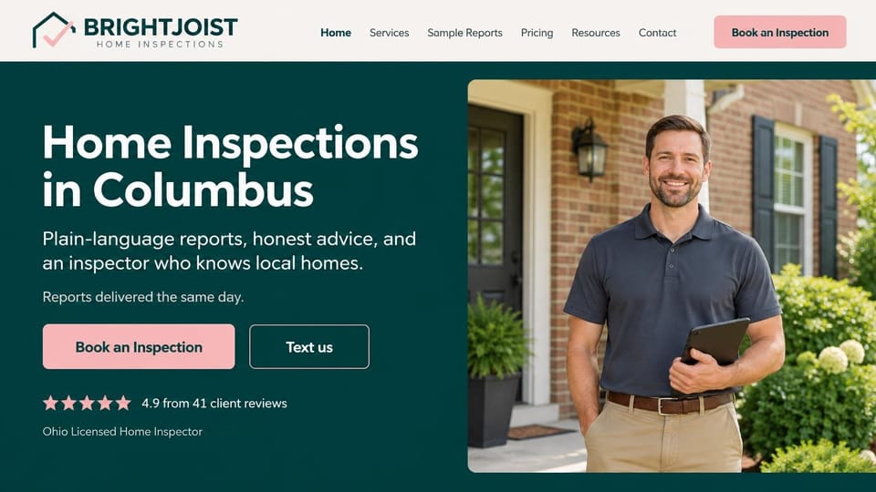 Home inspector website design, local inspector with a text button: dark teal page, white headline, pink book and outlined text buttons, a smiling inspector with a tablet outside a brick house, a star rating