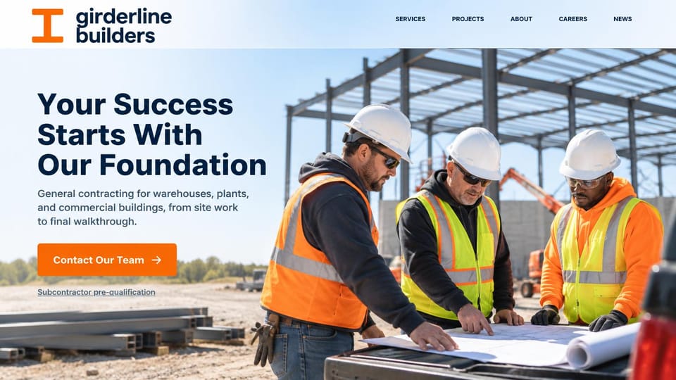 Construction website design, industrial general contractor with crews at the plans: pale blue sky, three workers in hard hats and vests reading plans on a truck tailgate before a steel frame, a navy headline and an orange button