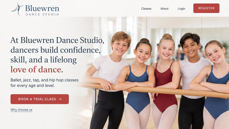 Dance studio website design, kids classes with dancers lined up at the barre: light page, a navy serif headline with a red phrase, five smiling kids in leotards leaning on a barre, a red trial button