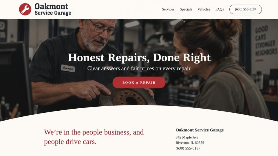 Auto repair website design, independent garage that shows you the part: cream page, a centered white serif headline and red pill button over a mechanic showing a worn brake rotor to a customer