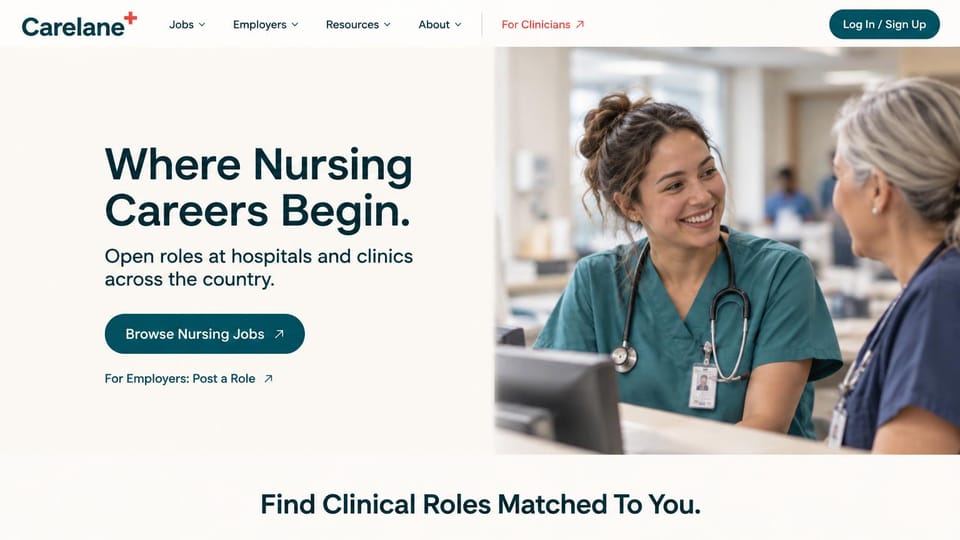 Recruiting website design, nursing jobs with a warm clinic photo: cream page, a dark teal headline and rounded teal button beside a photo of two nurses at a station